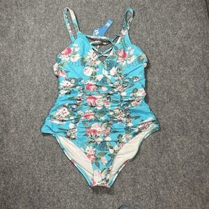NWT Cupshe One Piece Bathing Suit‎ Size 1X Blue Ruching  Removable Cups Floral
